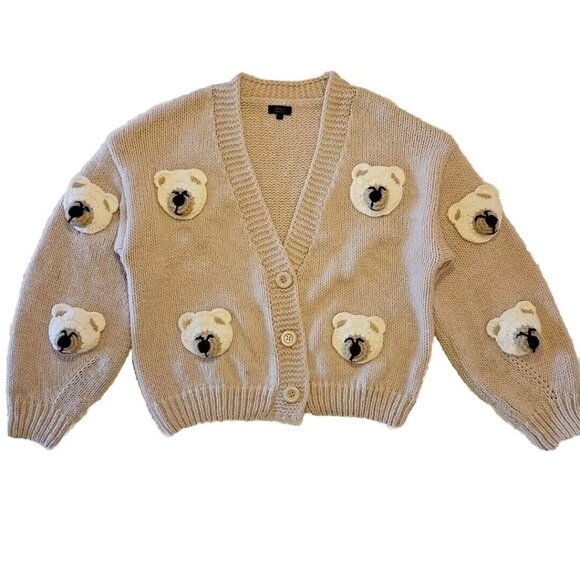 Chunky Teddy Bear Sweater Womens S Crochet Beige Cropped Cardigan Debut Animal - Picture 5 of 10
